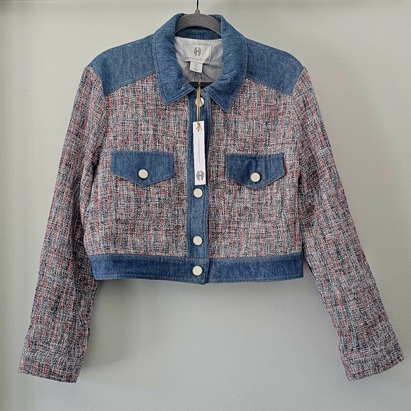 House of Harlow 1960 Tweed and Denim Cropped Long Sleeve Jacket Size L - Picture 1 of 4